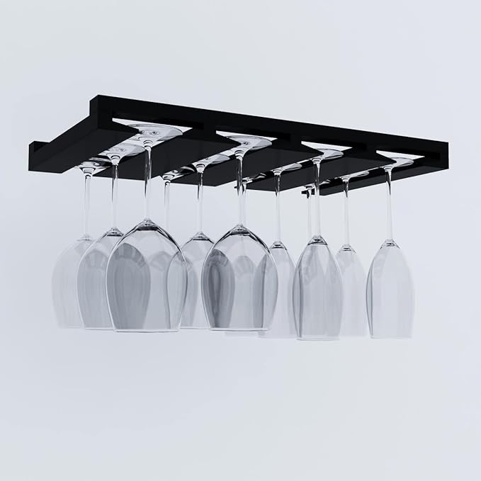 Rustic State Eze 4 Sectional Wood Under Cabinet Wine Glass Holder Wine Glass Rack Hanging Shelf Stemware Bar Organizer - 12 Wine Glass Storage - 10 Inch Deep - Black-Ruum Studio Home