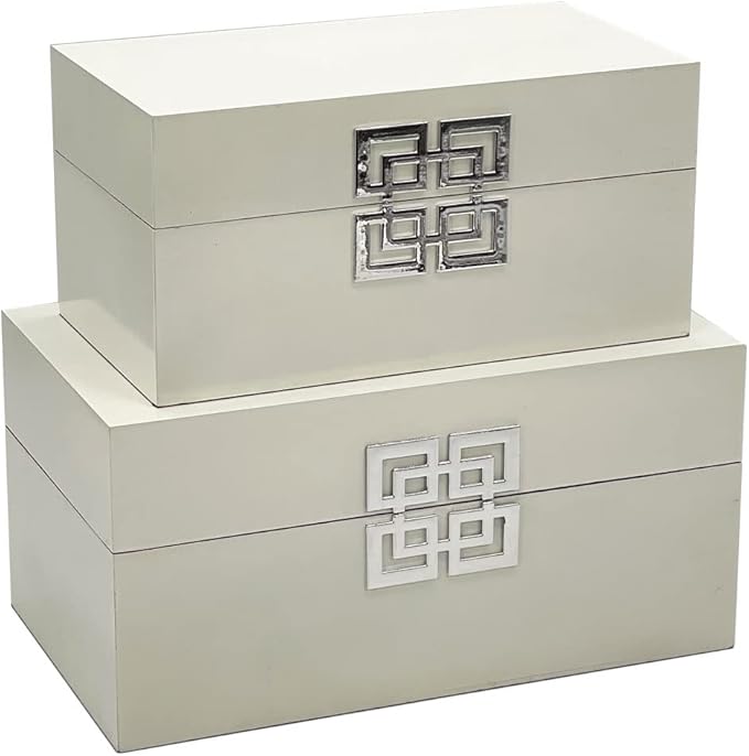 Galt International Storage Box Set Decorative Storage Box w/Hinged Lid Classic Design Wood Decor Boxes with Geometric Clasp Storage for Bedroom & Home - Set of 2 (White & Silver)-Ruum Studio Home