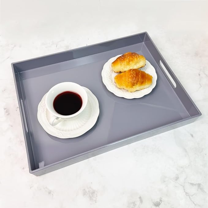 Grey Decorative Tray, Rectangular Large Serving Tray with Handles, Plastic Coffee Table Tray for Ottoman, Living Room, Kitchen Tabletop, 15.7” x 11.8” x1.6”-Ruum Studio Home