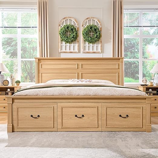 26" Tall Farmhouse Nightstand Set of 2, 2 Drawers End Table w/Charging Station, 23.6" Wide Large Side Tables w/Roman Column, Wood Rustic Sofa Tables w/Open Shelf, Bedside Table for Bedroom, Natrual-Ruum Studio Home