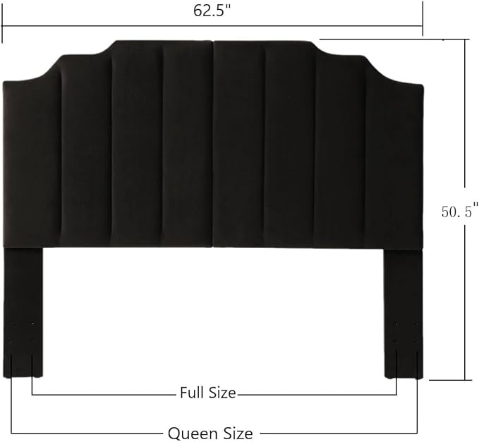 24KF Black Velvet Tufted Queen Upholstered Headboard, Modern Vertical Channel Design California Queen/Full Headboard with Stepped Silhouette Top Edge,Black-Ruum Studio Home