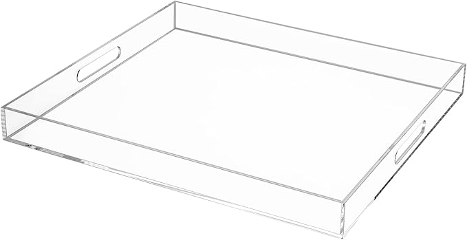 Clear Rectangular 18x20 Inches Acrylic Ottoman Tray Decorative Serving Tray with Cutout Handles Organizer Tray on Coffee Table Countertop Big Breakfast Bed Tray Living Room Appetizer Serving Food-Ruum Studio Home