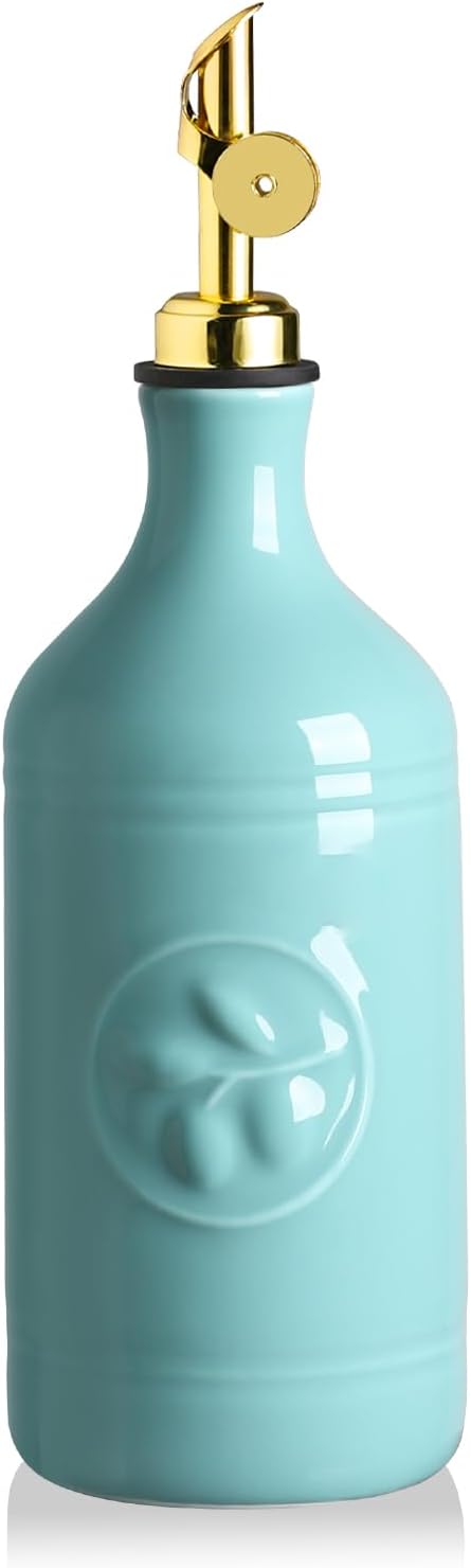 Sweejar 16 Oz Ceramic Olive Oil Dispenser Bottle, Oil Dispenser for Kitchen with Gravity Spout, Relief Opaque Vinegar Container for Evoo, Soy Sauce, 1 Pack(Turquoise, Gold Spout)-Ruum Studio Home