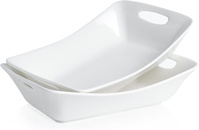 Kanwone Large Serving Bowls with Handles, White Serving Dishes For Entertaining, 1.8 Quarts Porcelain Bowl Set for Turkey, Fruit, Salad, Rectangle Serving Platter for Parites, Thanksgiving, Set of 2-Ruum Studio Home