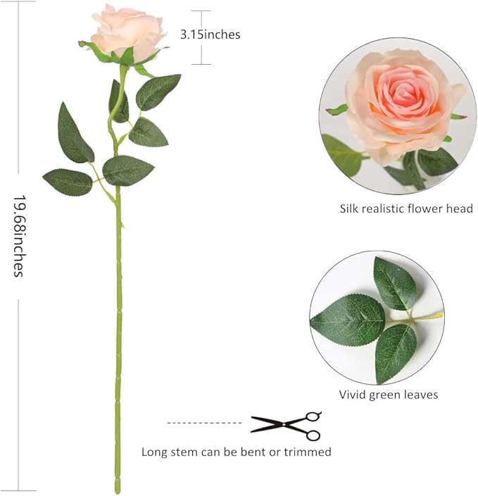 Pink Fake Roses Artificial Flowers - 10 Pcs Fake Artificial Roses Silk Flowers with Stems for Home Wedding Hotel Office Centerpiece Decor（Champagne Pink）-Ruum Studio Home