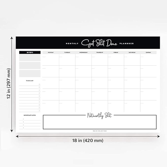 Bliss Collections Monthly Planning Pad, To Do List Notebook - Undated Tear-Off Sheets Notepad - Work Calendar, Organizer, Scheduler for Goals, Tasks - Get Stuff Done, 12" x 18", 18 Sheets-Ruum Studio Home