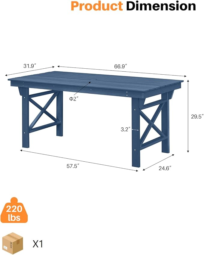 HDPE Outdoor Dining Table, 66.9” Rectangle Patio Dining Table for 6, All-Weather HDPE Outdoor Table with 2.2” Umbrella Hole, HDPE Patio Furniture for Deck, Backyard, Garden, Pool, Navy-Ruum Studio Home