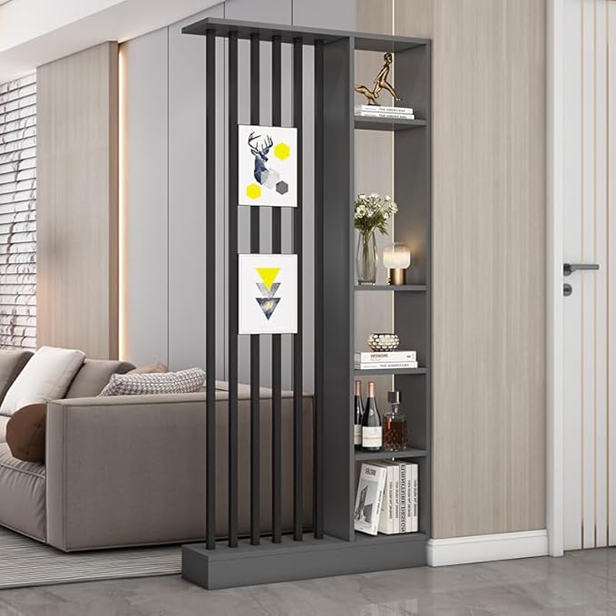 Wall Room Divider, Storage Cabinet Storage Display with Shelves, Modern Freestanding Wood Room Divider Screen, Wall Privacy Screens for Home Decorative (Grey,35.4" L x 9.5" W x 79.5" H)-Ruum Studio Home