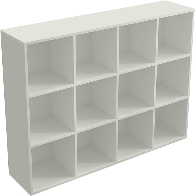 12-Cube Storage Shelf Bookcase - Wooden 3-Tier Floor Standing Open Bookshelf for Home and Office, Display Cabinet, Warm White-Ruum Studio Home