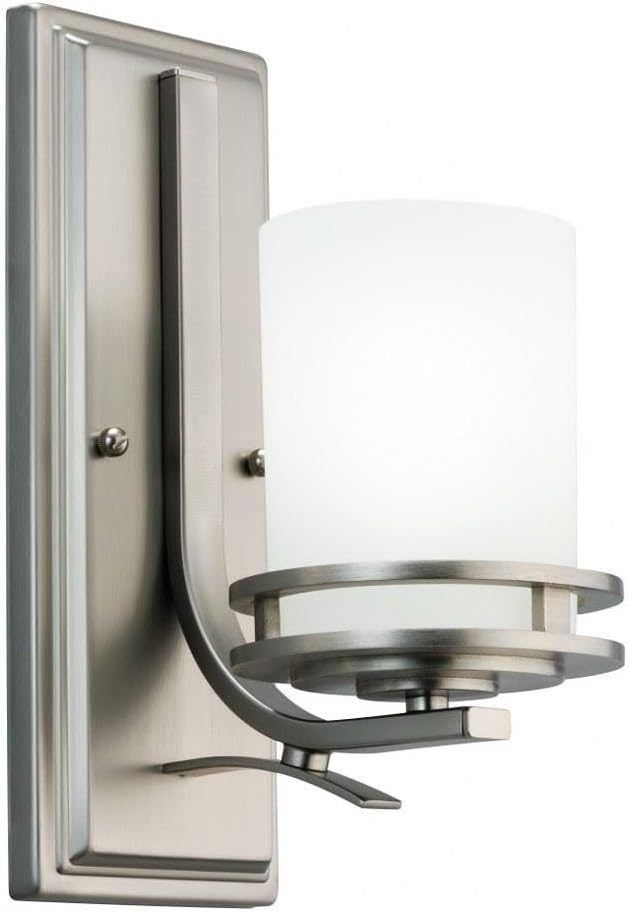 Kichler Hendrik 12" Wall Sconce in Brushed Nickel, 1-Light Modern Wall Mount Light with Satin Etched Cased Opal Glass, (12" H x 5.25" W), 5076NI, 24.75 in-Ruum Studio Home
