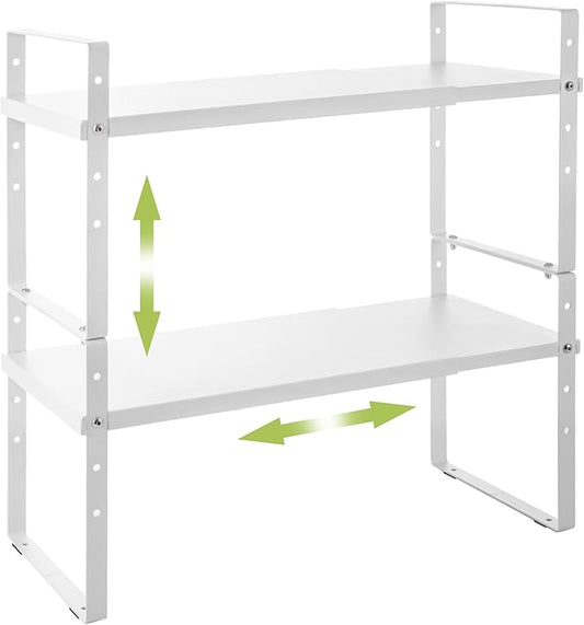Expandable Cabinet Shelf Organizer Rack, Stackable Kitchen Counter Storage Shelves Stand, Adjustable Height Pantry Shelf Spice Rack (White, 2 Pack)-Ruum Studio Home