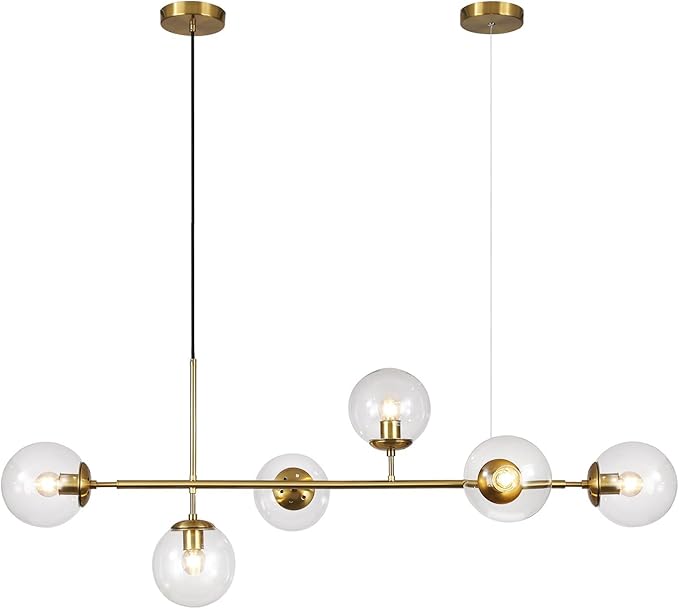 KCO Lighting 6 Light Bubble Chandelier Lighting Clear Glass Globe Chandelier Brass Gold Linear Pendant Light Mid Century Modern Pendant Light for Living Room Kitchen Island Dining Room-Ruum Studio Home
