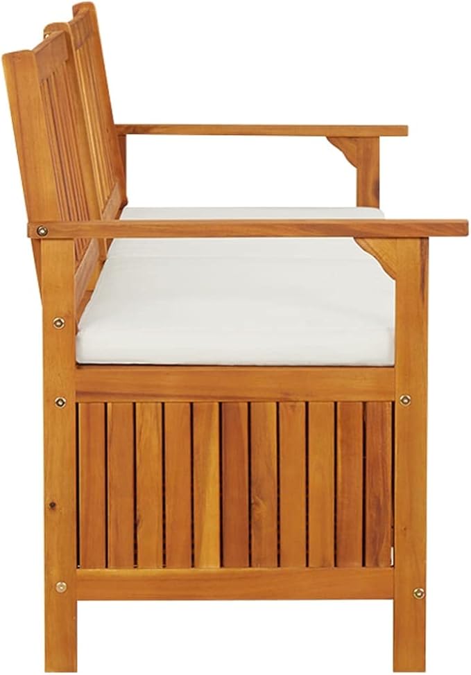 vidaXL Solid Acacia Wood Storage Bench with Cushion- Brown & Cream White, Indoor-Outdoor Versatile Bench with Ample Storage, Comfortable Padded Cushion Included-Ruum Studio Home