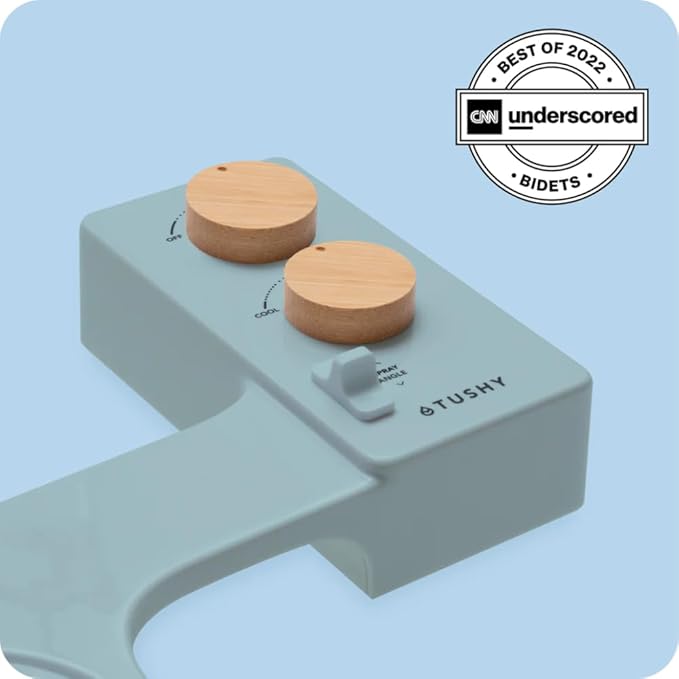 TUSHY Spa Warm Water Bidet Attachment for Toilet. Universal Fit, Easy Install (Requires Sink Access for Optional Temperature Control) Self Cleaning, Adjustable Pressure, Angle Control, Blue/Bamboo-Ruum Studio Home