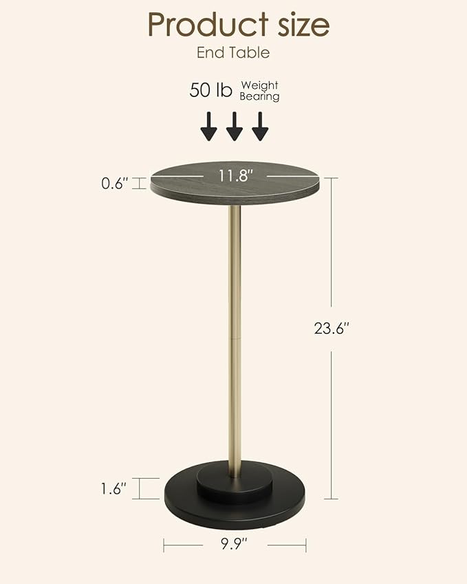 Masupu Drink Table, Round Side Table for Small Spaces, Pedestal Side Table, Small End Table with Metal Base, for Living Room, Bedroom, Bathroom, Grey-Ruum Studio Home