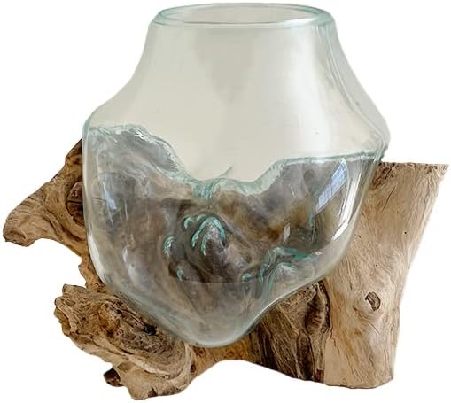 Hand Blown Molten Glass & Teak Wood Terrarium/Vase/Fish Bowl - Premium Quality (10" - 12" High)-Ruum Studio Home
