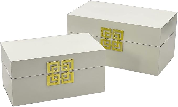 Galt International Large & Small Decorative Storage Box w/Hinged Lid - Classic Design Wood Decor Boxes with Geometric Opening Clasp - Home & Office Storage - Set of 2 (White + Gold)-Ruum Studio Home