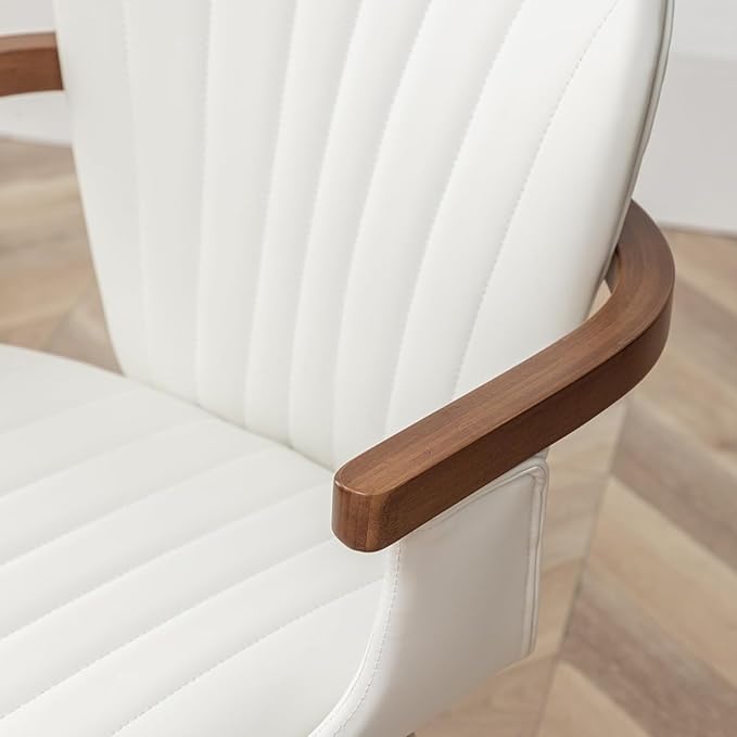 LUNLING Swivel Dining Room Chairs Set of 2,Mid Century Modern White Faux Leather Kitchen Chair with Arms,Bamboo Legs Side Chairs No Wheels,Accent Chair for Dining Rooms and Offices-Ruum Studio Home