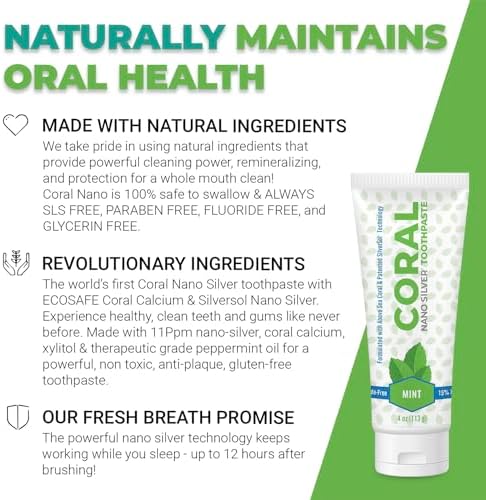 Coral White Nano Silver Mint Toothpaste, Natural Fluoride Free Teeth Whitening Toothpaste, Coral Calcium Nano Silver Infused SLS, Glycierin Free 4 Ounce (2 Pack)-Ruum Studio Home