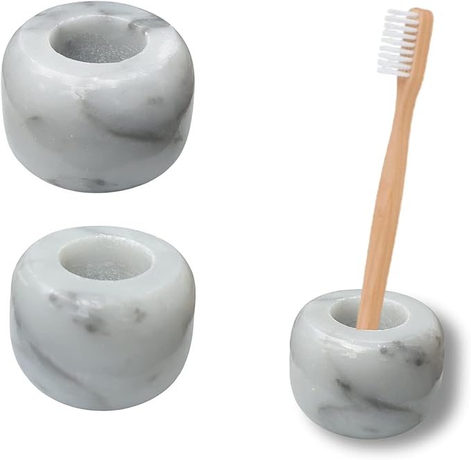 White Marble Toothbrush Stand/Holder - Real Marble Toothbrush Stand - Minimalist Modern Single Tooth Brush Holder. Pack of 2-Ruum Studio Home
