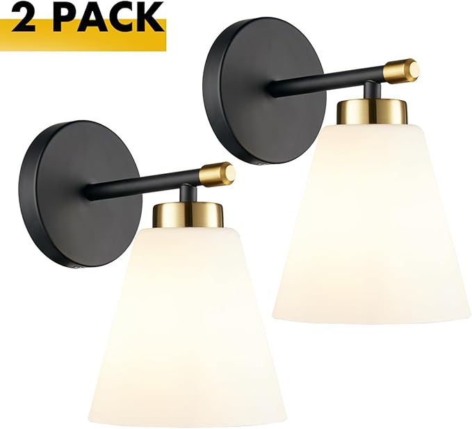 Hamilyeah Black and Gold Wall Sconces Set of 2, Modern Industrial Bathroom Sconces Wall Lighting with Milk Glass Shade, Wall Sconce Lighting Fixture for Living Room, Kitchen, Fireplace, Hallway-Ruum Studio Home