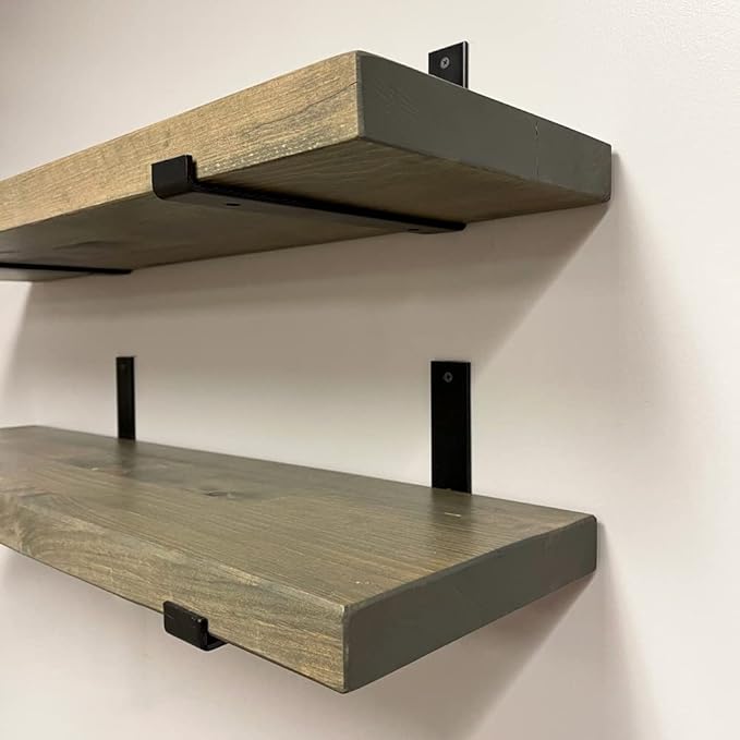 Rustic Shelves with J-Brackets Set of 2, Industrial Shelf, Kitchen Shelves, Solid Wood, Decorative Wall Storage, Heavy Duty, URBANDI (Grey, 12Wx6D)-Ruum Studio Home