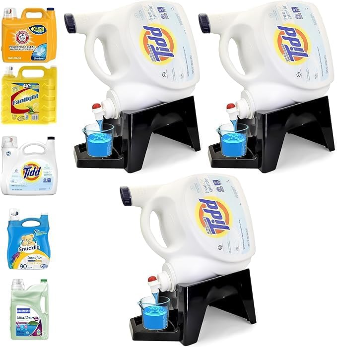 TidyFriend 3 Pack Laundry Detergent Dispenser with Tray & Strap, Laundry Soap Dispenser with Non-Slip Rubber Feet for Washing Room Organization, Easy Pour (Black)-Ruum Studio Home
