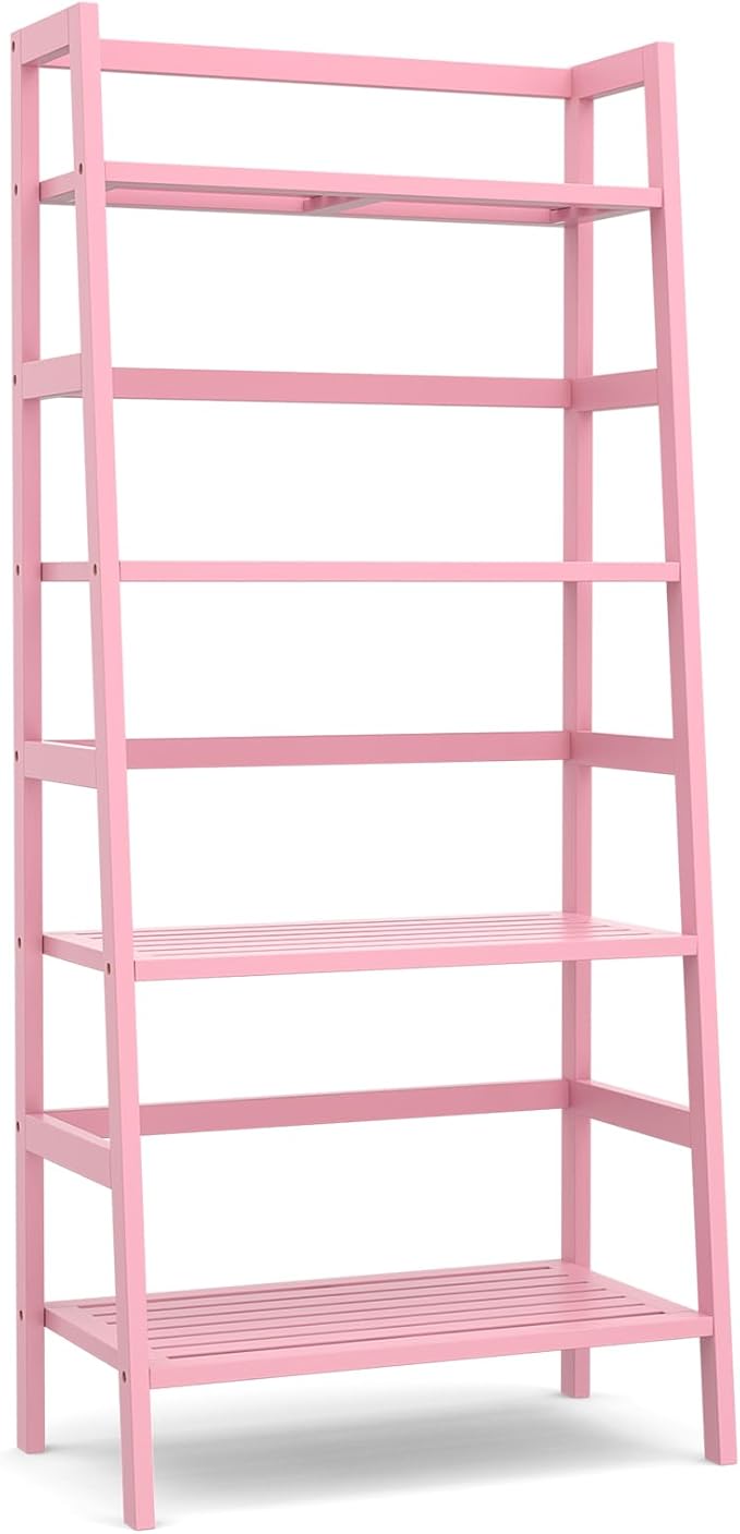 Homykic Bamboo Ladder Bookshelf, 4-Tier Ladder Shelf Open Book Shelf Freestanding Bookcase Bathroom Storage Rack Plant Stand for Living Room, Bedroom, Office, Easy Assembly, Pink-Ruum Studio Home