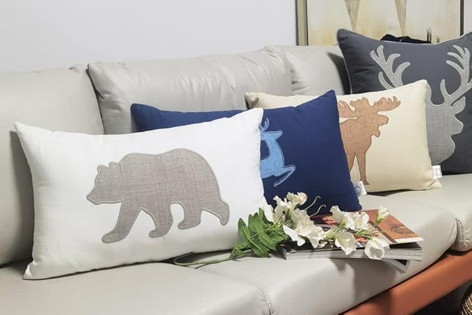 Bear Pillow Covers 12x20 Inches Decorative Cotton Linen Throw Lumbar Waist Embroidered Cushions Covers for Couch Sofa Bedroom (White)-Ruum Studio Home