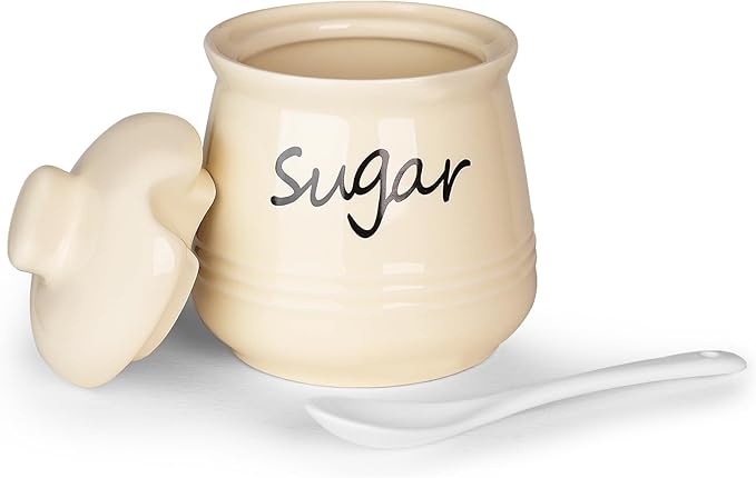 HAOTOP 12oz Sugar Bowl with Lid and Spoon,Ceramic Sugar Jar Sugar Dispenser Sugar Container Coffee Bar Accessories, Kitchen Countertop Canisters, Beige-Ruum Studio Home