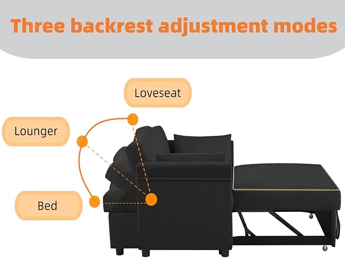 57-Inch Velvet Full Size Sleeper Sofa Couch with Pullout Bed,Convertible Pull Out with Golden Decorative Strip and Adjustable Backrest for Small Spaces,Apartment, Guest Room, RV (Black)-Ruum Studio Home
