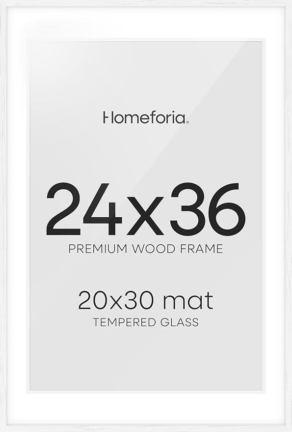 Homeforia White Picture Frame 24x36, High End Oak 24 x 36 Wood Poster Frame with Mat 20 by 30 for Photo, 24x36 Large Wooden Frame Matted to 20x30, 36x24 Thin Frames, Tempered Glass, Wall Kit, Set of 1-Ruum Studio Home