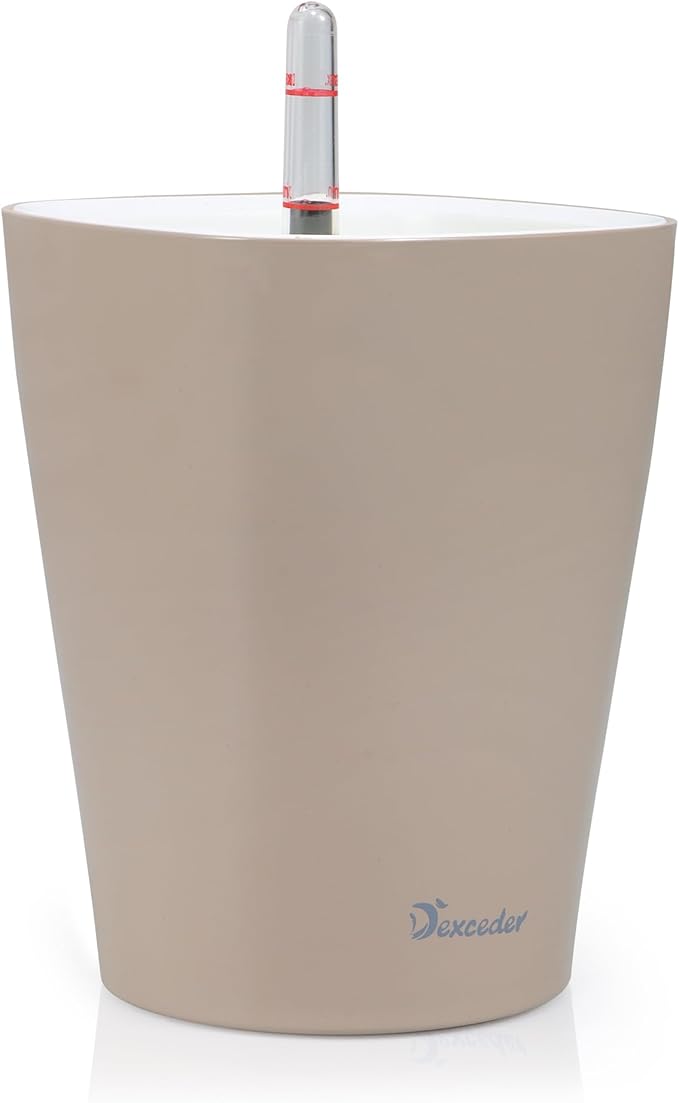 Dexceder 6x7 Self Watering Planter Indoor Outdoor, High Gloss Table Flower Plant Pot with Water Level Indicator (Taupe)-Ruum Studio Home
