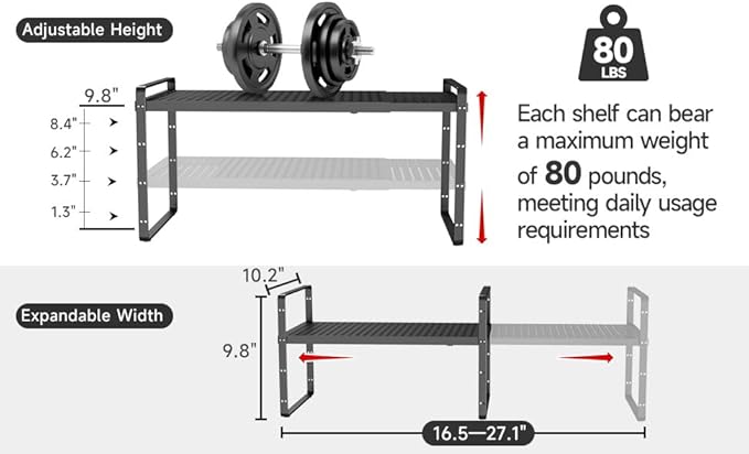 Hole Pattern Expandable Shelf Organizer,2Pack 8.1" Wide Easy to Assemble Cabinet Organizer Shelf, 16.5~27.1" Adjustable Height&Stackable Spice Organization for Cupboard, Black-Ruum Studio Home