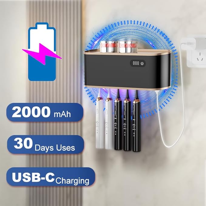 UV Toothbrush Sanitizer Holder for 4 | Wall Mounted Toothbrush Holder for Bathroom with Fan Drying | USB Rechargeable Toothbrush Cleaner & Sterilizer, No Drill Install, Modern Design (Black)-Ruum Studio Home