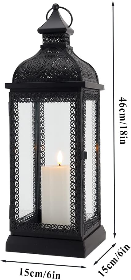 TRIROCKS Rustic Style Metal Candle Lantern 19'' High Decorative Hanging Lantern Candle Holder with Tempered Glass for Christmas Living Room Garden Yard Patio Parties Events Indoors Outdoors(Black)-Ruum Studio Home