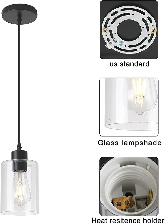 Modern Black Farmhouse Clear Glass Cylinder Pendant Light Fixture,Island Lights for Kitchen,Mini Pendant Lighting for Kitchen Island Decor - 4.75 Inch Shade, 2-58 Inch Cord(1 Pack)-Ruum Studio Home