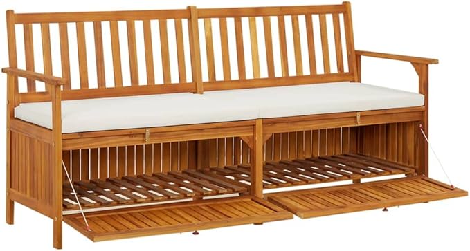 vidaXL Solid Acacia Wood Storage Bench with Cushion- Brown & Cream White, Indoor-Outdoor Versatile Bench with Ample Storage, Comfortable Padded Cushion Included-Ruum Studio Home