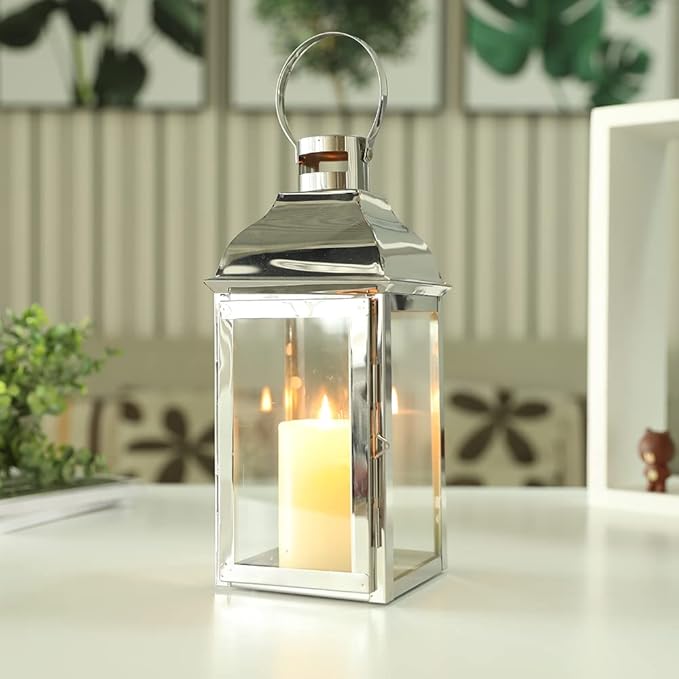 JHY DESIGN Silver Decorative Lanterns 12.5''High Stainless Steel Candle Lanterns with Tempered Glass for Indoor Outdoor Events Parities and Weddings Vintage Style Hanging Lamps-Ruum Studio Home