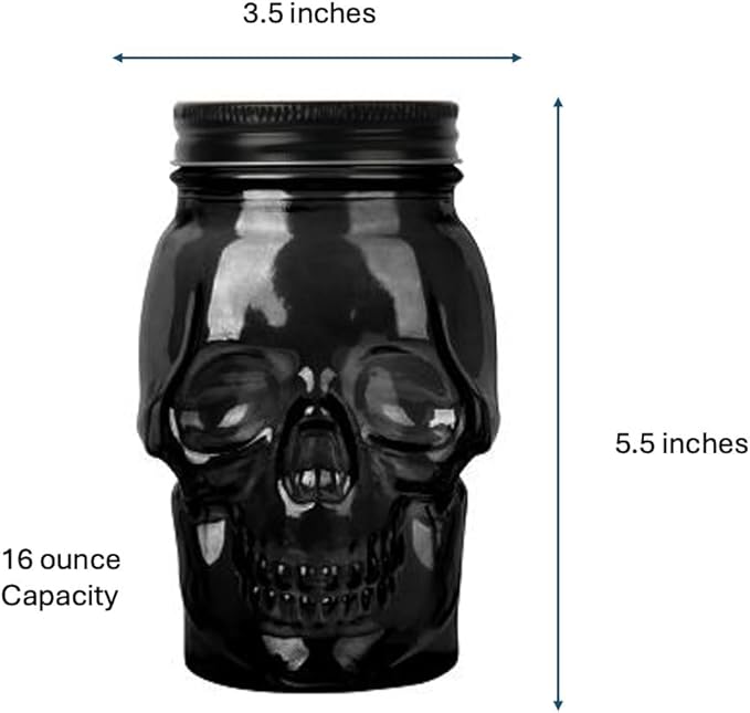 Set of 2 Skull Mason Jar Glasses with Lids | 16oz Reusable Halloween Drinking Glasses | Unique Skull Décor, Storage, & Canning Jars for Parties & Gifts-Ruum Studio Home