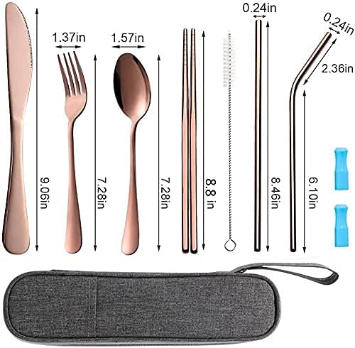 Travel Utensils Set with Case Reusable Portable Cutlery Set Stainless Steel 8pcs Including Dinner Knife Fork Spoon Chopsticks straws(Rose Gold)-Ruum Studio Home
