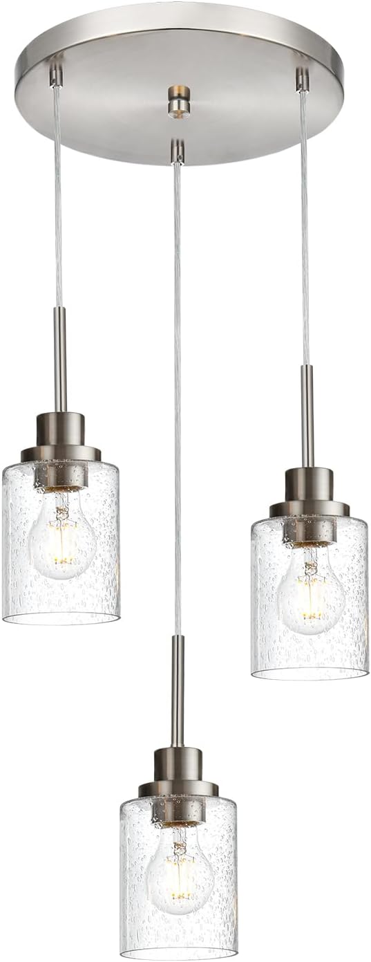 3-Light Contemporary Pendant Lighting with Clear Seeded Glass,Brushed Nickel Dining Room Chandelier Light Fixture Modern Kitchen Island Cluster Hanging Ceiling Pendant Lights for Sink Bar-Ruum Studio Home