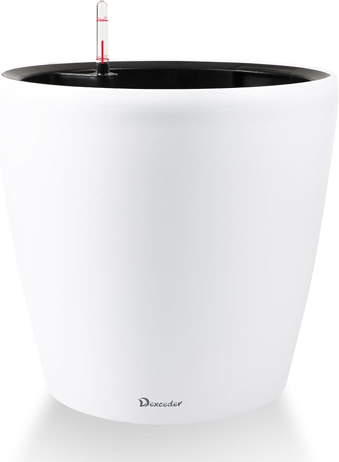 Dexceder 15x14 Self Watering Planter with Wheels Indoor Outdoor, Inner Pot Design, Thickened Large Floor Standing Flower Plant Pot with Water Level Indicator (White Matte)-Ruum Studio Home