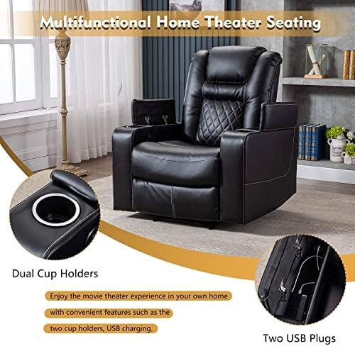 CANMOV Electric Power Recliner Chair Set of 2, Breathable Leather Home Theater Seating with Hidden Arm Storage, Power Recliner Chair for Living Room with USB Ports and Cup Holders,Black-Ruum Studio Home