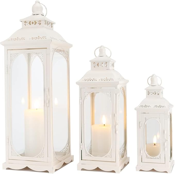 TRIROCKS Set of 3 Vintage Candle Lanterns 10/14/19.5'' High Decorative Outdoor Lantern Metal Candle Holder with Tempered Glass for Home Living Room Garden Yard Parties Events Indoors Outdoors (White)-Ruum Studio Home
