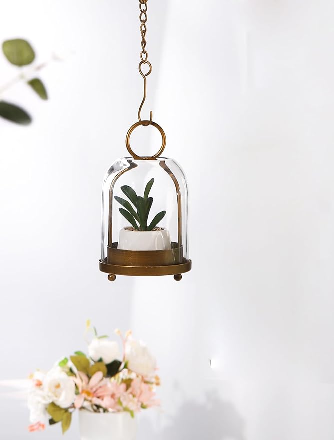 7.5" High Versatile Modern Metal Hurricane Lantern with Handmade Sturdy Glass Dome for 2" Pillar Candle & Plants (Brass, 4" x7.5)-Ruum Studio Home