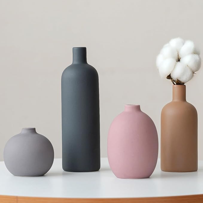 Modern Ceramic Vase Set, Neutral Colors, Decorative Vases for Home Shelf Decor, 4 Piece Collection (Black Mix Set 4)-Ruum Studio Home