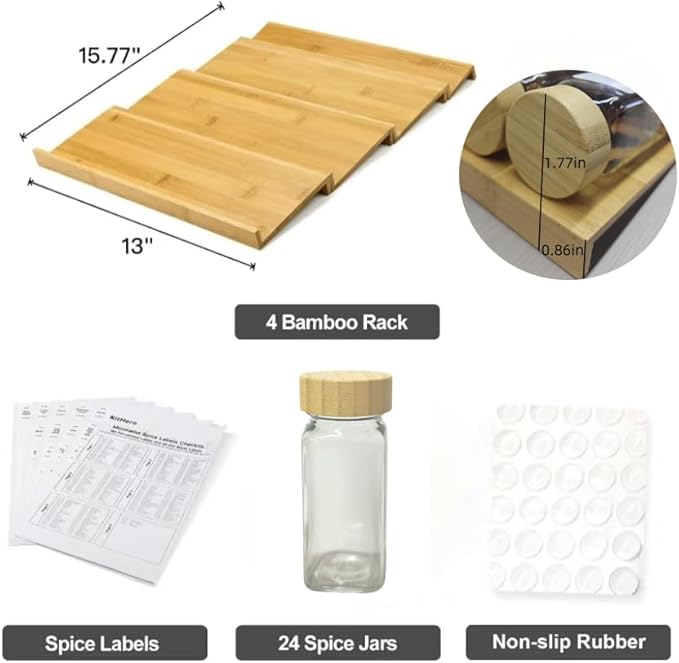 Spice Drawer Organizer with 24 Bamboo-lidded Spice Jars and 216 Labels,Non-slip Rubber, Bamboo 4 Tier Spice Racks Tray Seasoning Containers for Kitchen Drawers,Cabinets,13" Wide * 15.8" Deep-Ruum Studio Home