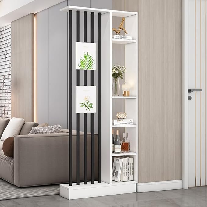 Wall Room Divider, Storage Cabinet Storage Display with Shelves, Modern Freestanding Wood Room Divider Screen, Wall Privacy Screens for Home Decorative (White+Black,31.5" L x 9.5" W x 79.5" H)-Ruum Studio Home