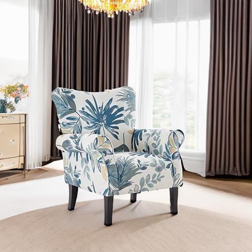 BELLEZE Modern Accent Chair for Living Room, High Back Floral Armchair w/Wooden Legs, Upholstered Wingback Side Chair Padded Armrest Single Sofa for Living Room, Bedroom - Allston (Green Blue Floral)-Ruum Studio Home